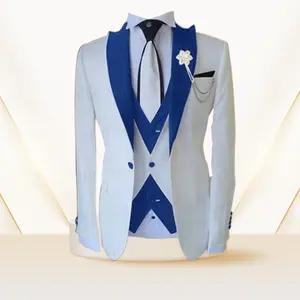 Heren Driedelige Bruidegom Bruiloft Herenpak Modeontwerp Wit Business Jacket Vest Koningsblauwe Broek Smoking