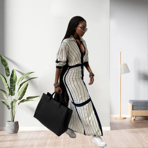 เดรสทำงานผู้หญิงทรงเข้ารูป คอวีลึก แขนยาว ปิดกระดุมหน้า ลายทาง แฟชั่น - Product Image 4