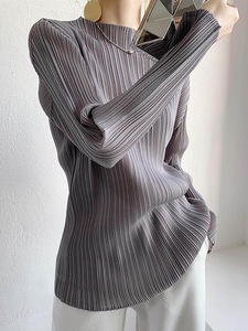 Haut plissé à manches longues pour femme, col montant texturé, décontracté, pour le bureau, 100 % polyester, vente en gros, vêtements de mode - Product Image 4