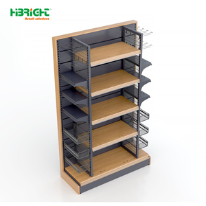 Highbright Double-sided Gondola Shelving with Wood Grain <b>Shelves</b> and Side Wire <b>Baskets</b> for Supermarket Grocery Store - Product Image 3