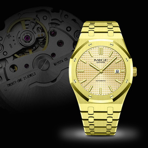 Montre mécanique dorée pour hommes, boîtier polygonal, classique, de luxe, automatique, en acier inoxydable 316L, cristal saphir, étanche - Product Image 3