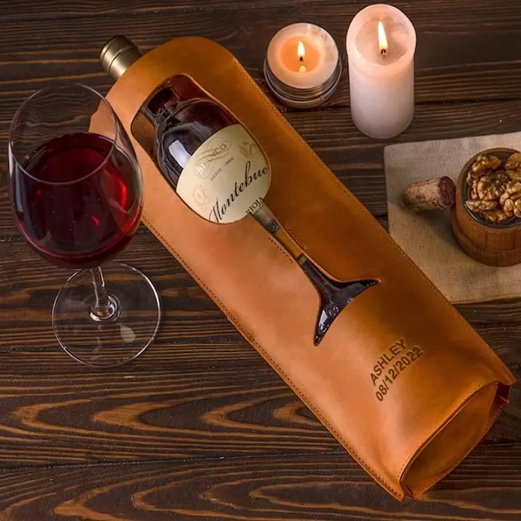 Best Gift Wine Carrier Personalized Logo or Brand Name Customized Leather Reusable Wine Bottle Bag