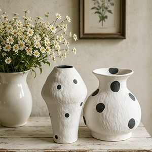 Textured White Black Polka Dot Ceramic Vase Set Irregular Asymmetrical <strong>Cottage</strong> Style Table Decor Vase - Product Image 1