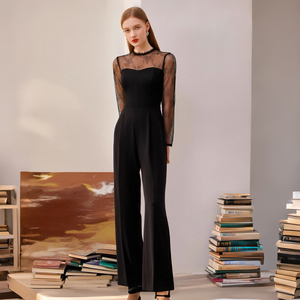 Zicht 74026 nuova <span class=keywords><strong>tuta</strong></span> da donna a manica lunga nera primavera estate comoda elegante in <span class=keywords><strong>pizzo</strong></span> con motivo solido per festa di carriera - Product Image 2