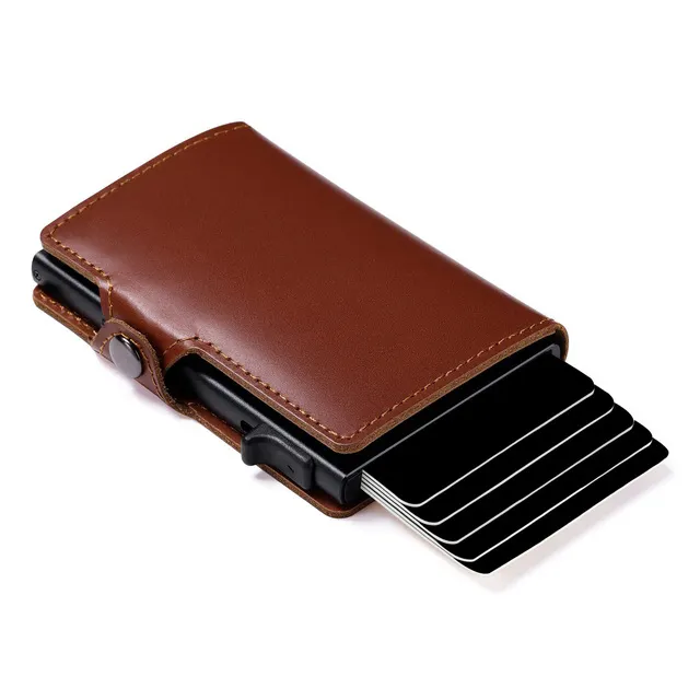 Minimalist pop up metal mens wallet with card holder slim leather RFID Blocking wallet for man