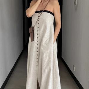 Vestido sin Tirantes Estilo Vacacional Personalizado OEM, Vestido Casual de Algodón y Lino sin Mangas con Botones, Corte Holgado, Vestidos de Verano para Mujer - Product Image 2