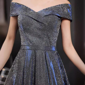 Evening Gown Women Off The Shoulder <b>Glitter</b> Empire Waist <b>Blue</b> Polyester Party Banquet Dress 2026 New Style - Product Image 2