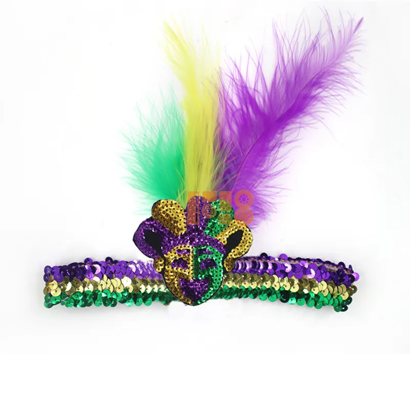 2024 New Purple Yellow Green Karneval Feder Stirnband, Orleans Mardi Gras Zubehör, Mardi Gras Feder Stirnband Dekoration