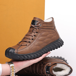 Bottes de neige en cuir décontractées pour hommes, doublées de polaire, chaudes, noires, à lacets, pour la randonnée en plein air, antidérapantes, chaussures de papa 2027 - Product Image 4