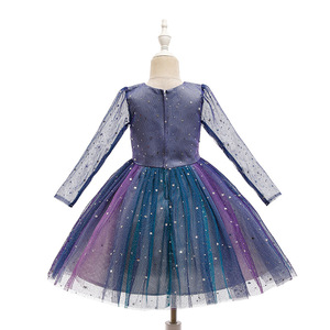 Elegante Vestido Formal de Manga Larga con Tul Azul y Pequeñas Flores para Niña, Ideal para Bodas y Fiestas - Product Image 4