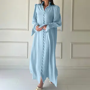 Enyami fransız rahat tarzı 2024 erken bahar yeni uzun kollu ayakta boyun düğmeleri dokuma tasarım kadınlar Casual Maxi elbise
