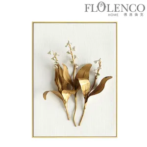 Luz luxo Golden Flower Painting Wall Art para Home Decor Set Folha dourada retangular pendurada Wall Art Set