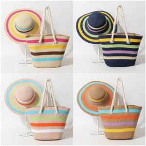 Hot Sale <b>Summer</b> Beach <b>Bag</b> Hat Set Women Outdoor Beach Tote <b>Bag</b> Hat Set Handmade Colorful Straw Tote <b>Bag</b> - Product Image 2
