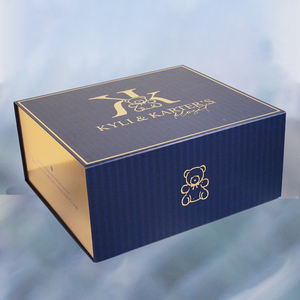 Materiales reciclados, venta al por mayor, papel de aluminio dorado personalizado, estampado, papel revestido, ropa azul grande, caja de regalo plegable para calcetines de vestir - Product Image 1