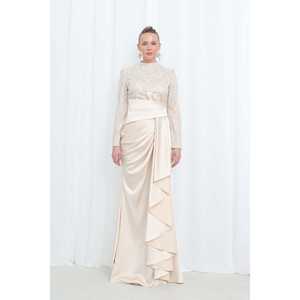 Robe de soirée élégante en satin avec taille drapée, col montant, silhouette fourreau, couleur indigo faite à la main - Product Image 6