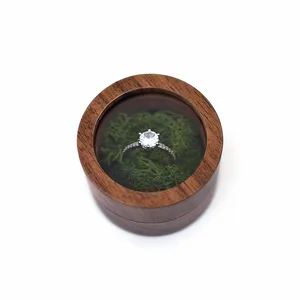 Caja de anillo de boda de madera redonda con ventana, embalaje de regalo de joyería pequeña de lujo, venta al por mayor