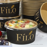 Bol Déjeuner Salade Rond en Papier Kraft Jetable Micro-ondable Imprimé Noir avec Film CPET pour Plats à Emporter, Vente en Gros, 1100 ml