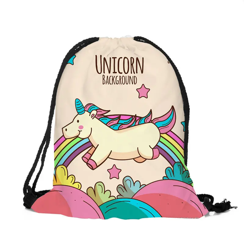 Grosir ransel tali serut motif pola penuh untuk anak perempuan poni penyimpanan gambar Unicorn poliester kustom