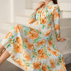 Vestido de Gasa Plisado con Estampado Digital, Cuello Redondo Francés, Manga Larga, Nuevo y a la Moda, Personalizado para Mujer - Product Image 4