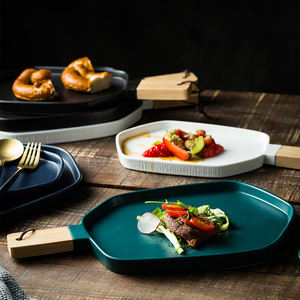 Plateau à salade en céramique avec manche en bois, pour <span class=keywords><strong>restaurant</strong></span> et hôtel, de style nordique, assiette à steak, couleur pure mate, 1 pièce - Product Image 3