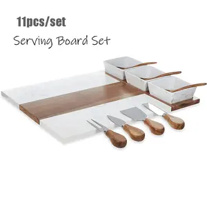 Set bestehend aus 11 Stück Akazien-Schwarzemarmor und Holzschnitt Servierbrett mit Messerset und Keramik rechteckiges Käsebrett mit Löffel
