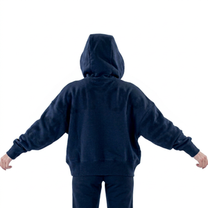 Women's <b>Navy</b> Blue Hooded Sweatshirt Solid Color Regular Fit 100% Cotton Knitted Breathable Autumn Wear - Product Image 1