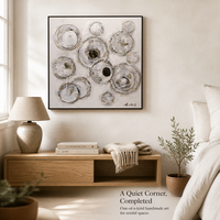 Peinture murale sur toile avec cadre en bois, style simple, fait main, moderne, carrée, avec incrustations de pierres naturelles blanches, pour la décoration de la maison