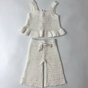 Chaleco de punto de ganchillo de verano, conjunto de pantalones sueltos para bebés y niños, conjunto de ropa infantil de punto personalizado sólido de algodón 100% para recién nacidos - Product Image 1