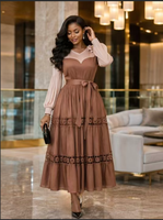 Gaun Wanita Ukuran Besar Elegan Model Miyake Lipit Maxi V-Neck Lengan Puff dengan Ikat Pinggang Lubang Bunga A-Line Pesta Kasual Grosir