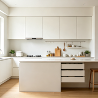 Ensemble d'armoires de cuisine sur mesure, écologiques et durables, avec étagères ouvertes, îlot et plan de travail en quartz pour la cuisine familiale