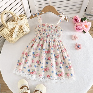 Vestido de Verano para Niña con Estampado Floral, Cintura Fruncida, Dobladillo de Encaje, Estilo Princesa - Product Image 2