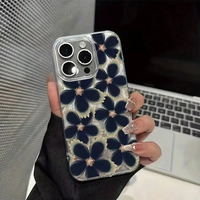 Coque de téléphone tendance motif fleur bleue pour iPhone 16 15 17 Pro Max 14 13, coque simple brillante en fil plume IMD, protection arrière pour mobile
