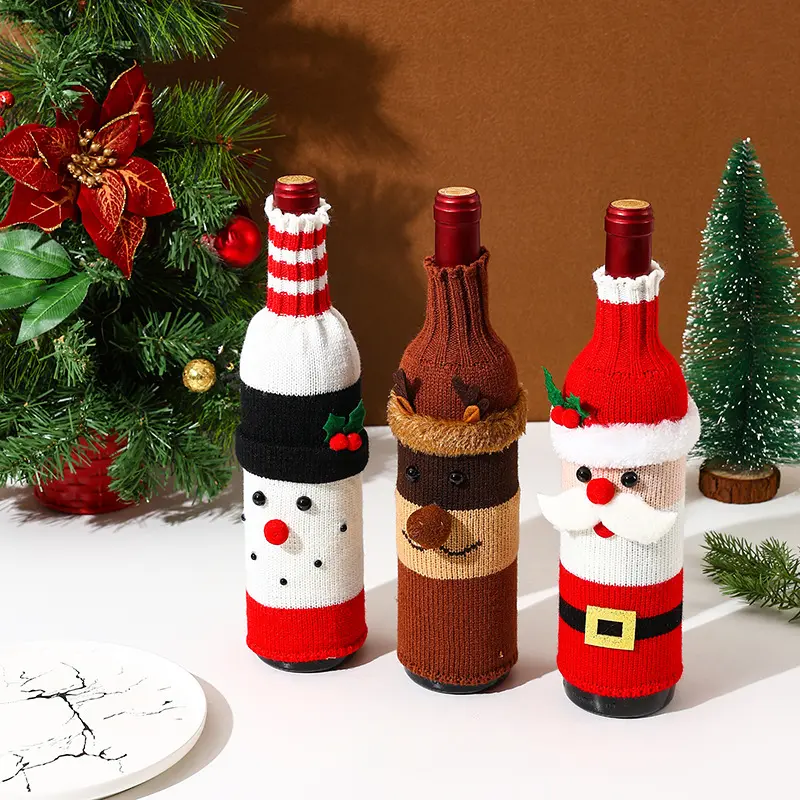 En çok satan sevimli tasarım Xmas şampanya dekorasyon örgü çanta fantezi noel kardan adam Santa ren geyiği kazak şarap şişesi kapak