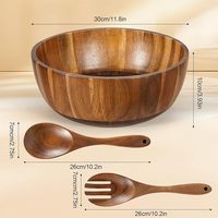 Set Mangkuk Salad Kayu Akasia Buatan Tangan dengan Sendok & Garpu, Mangkuk Sajian Kayu Solid Bulat Besar untuk Penggunaan di Dapur dan Ruang Makan