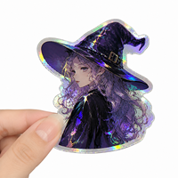 Autocollant personnalisé d'art anime sorcière, en vinyle PVC, découpé à la forme, résistant aux UV, avec feuille holographique et effet holographique arc-en-ciel manga, pour décoration et cadeaux d'artistes