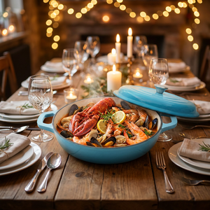 Marmite à fruits de mer <span class=keywords><strong>en</strong></span> <span class=keywords><strong>fonte</strong></span> émaillée de 30 cm |   Casserole plate <span class=keywords><strong>en</strong></span> <span class=keywords><strong>fonte</strong></span> avec couvercle |   Ustensiles de cuisine robustes compatibles induction - Product Image 1