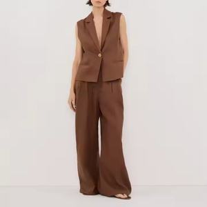 Conjunto Casual de Lino para Mujer, Nueva Llegada OEM, Top Corto sin Mangas y Pantalón de Pierna Ancha, 100% Lino - Product Image 1