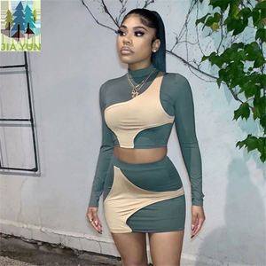 <span class=keywords><strong>Abbigliamento</strong></span> da donna 2021 moda stile elegante stile Patchwork contrasto colore 2 pezzo manica lunga top Set gonne corte - Product Image 2