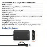 Adaptateur USB-C vers double HDMI 1080P HD, faible MOQ, Plug & Play, Thunderbolt 3 pour ordinateur portable, double sortie moniteur, gaine PVC, HDTV
