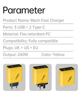 Chargeur mural rapide GaN 240W |   Chargeur rapide Type-C PD3.0 OTP Quick Charge 3.0 le plus rapide au monde pour ordinateur portable, écouteurs, appareil photo, téléphone