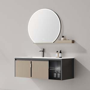 Meuble de salle de bain mural moderne résistant à l'eau, vasque simple, meuble en bois avec miroir LED pour appartement et villa - Product Image 4