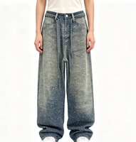 Jean droit ample Y2K style américain, en denim moyen, entièrement orné de strass en forme d'étoiles, style couple et boyfriend