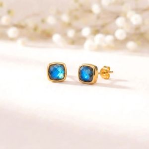 Modern Labradorite Cushion Cut <b>Stud</b> <b>Earrings</b> Natural Blue Fire Gemstone In 925 Sterling <b>Silver</b> Or 18K Gold Filled Luxury Fine - Product Image 1