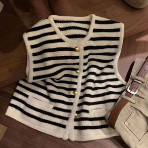 <strong>Women's</strong> Casual Black and White Striped <strong>Sleeveless</strong> Knitted Vest Coat for Spring and Autumn Outer Wear Sweater <strong>Cardigan</strong> - Product Image 2