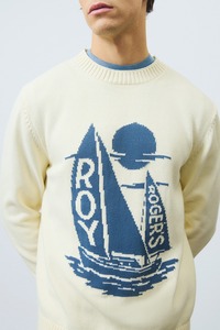 Frühling Sommer Herren Intarsia-Strick Pullover Creme Baumwolle Langarm Rundhals Maßgefertigter Segelboot-Grafik Sweater OEM - Product Image 4