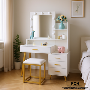 FCH Escritorio de maquillaje blanco con espejo LED, 3 estantes, 4 cajones, taburete acolchado para dormitorio, mujeres y niñas - Product Image 2