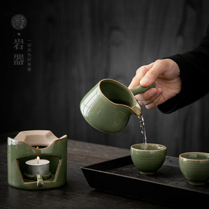Calentador de té de cerámica, mini estufa de celadón, portavelas, esmalte verde bambú, forma poligonal, para servir té - Product Image 3