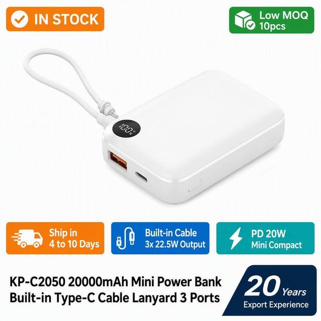 Ukalun Portable Type-C PD20W USB-A 22.5W Quick Charge Power Bank for Phone 20000mah with Built-in Type-C Cable