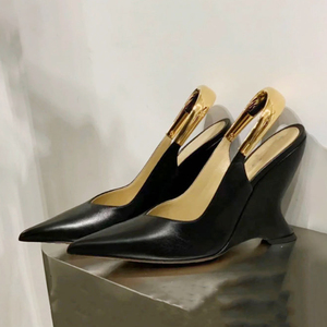 Women's Pointed Toe Back Gold Straps Sandals Sexy on Shoes High Wedge Dress Summer Cut Out Slingback <b>Pumps</b> - Product Image 6