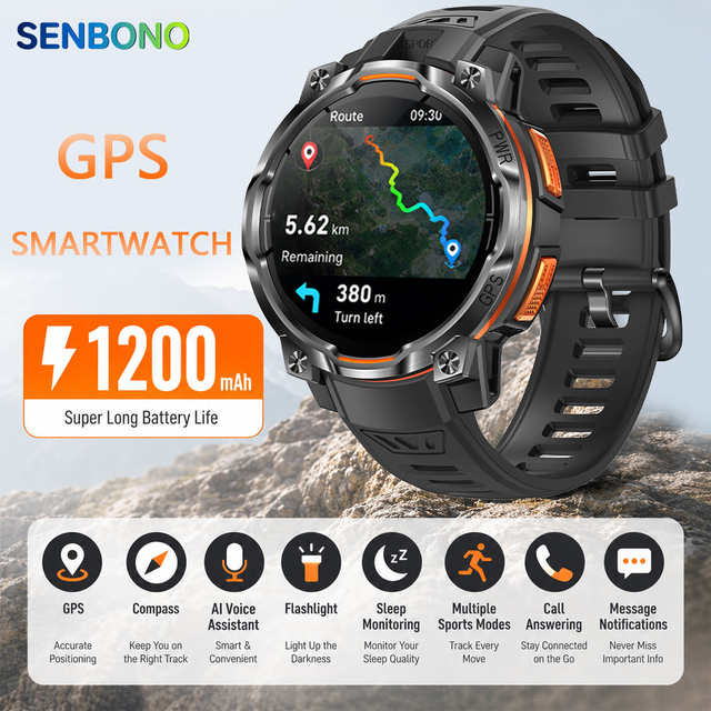 SENBONO KC108 GPS Smartwatch Compass Barometer Voice Assistant Fitness tracker Sleep Monitor IPX8 Waterproof Outdoor Smartwatch